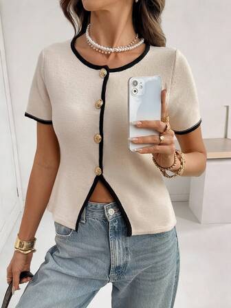 Novo Cardigan de Malha de Manga Curta Casual Elegante Francês com Blocos de Cor para Primavera/Verão, Top de Malha de Manga Curta Feminina, Adequado para Uso Diário, Trabalho e Transporte