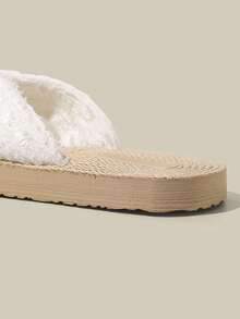 Women's Elegant Solid Color Thong Sandals With Fuzzy Trim, Neutral Casual Beach Flip Flops For All Seasons - White - View 7