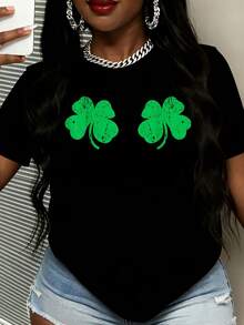 Cute Clover Print T Shirt Black St Patrick's Day Four Leaf Clover Design Women Casual Wear For Festival Party And Everyday Outfits - 黑色 - 查看 2
