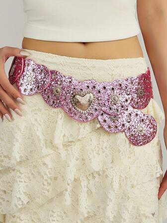 1pc Boho Chic Shiny Sequin Heart Patchwork Women's Belt, Y2K Silver Rivet Decor Buckle Wide Waist Belt, Y2K Girl Waist Belt, Suitable For Dresses, Pants, Valentine's Day Accessory, Fit For Party, Casual, Date, Street, Campus, Shopping, Music Festival, Valentine's Gift, New Year
