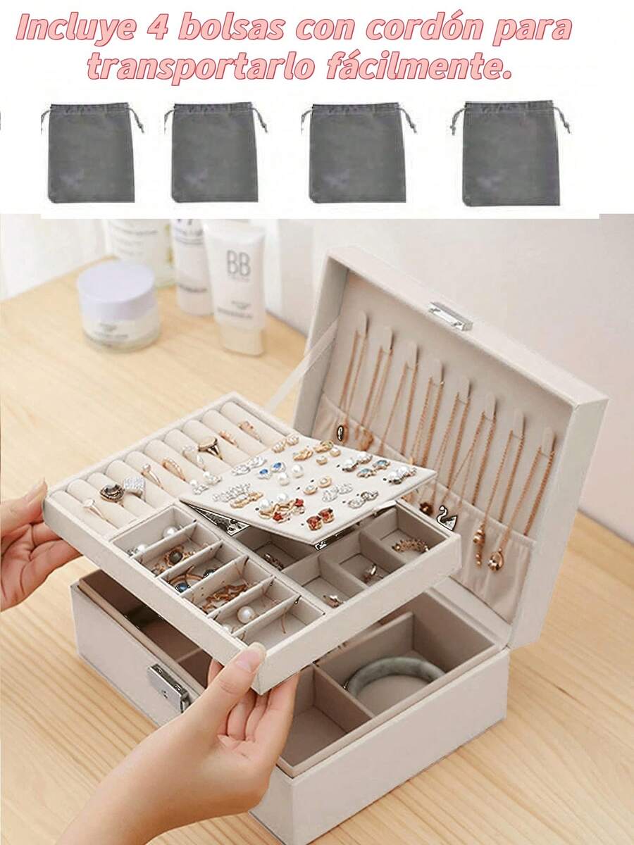 1 pieza Caja de almacenamiento de joyas blanca,Joyero para mujeres, organizador de joyas con tapa de vidrio y 2 cajones para collares, anillos, aretes, pulseras. Regalo de Navidad para mujeres. Organizador de almacenamiento esencial para viajes y dormitorios universitarios- Regalo del Día de San Valentín,Portátil Joyero Viaje Cajas con 4 Gris Bolsas de Almacenamiento para Anillos.