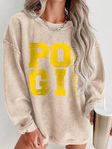 Valentine Outfits For Women, POGI Since Birth Graphic Print, Casual Crew Neck Sweatshirt, Cozy Streetwear,  Everyday Style,Essentials Hoodie,Summer Outfits For Women,Spring Tops - 杏色 - 查看 1