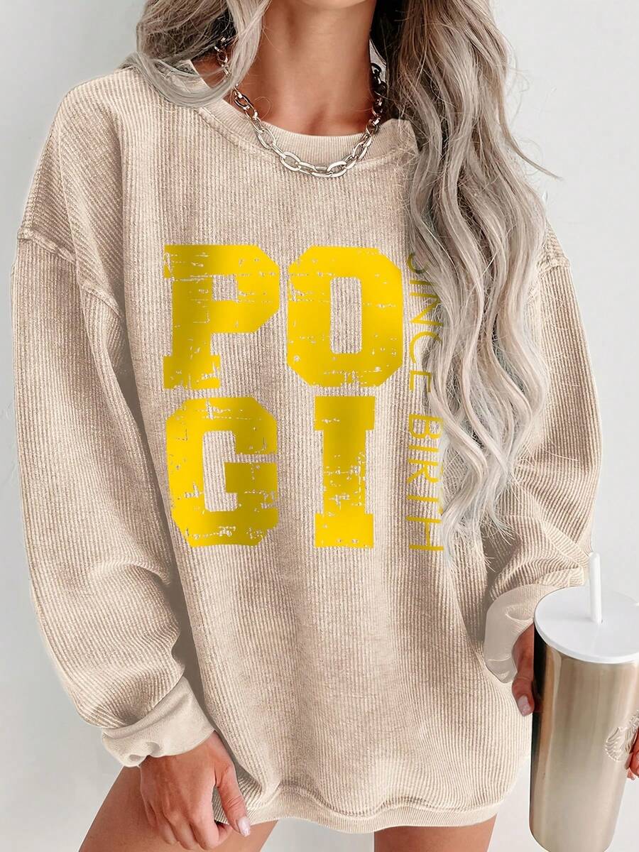 Valentine Outfits For Women, POGI Since Birth Graphic Print, Casual Crew Neck Sweatshirt, Cozy Streetwear, Everyday Style,Essentials Hoodie,Summer Outfits For Women,Spring Tops - 杏色 - 查看 1