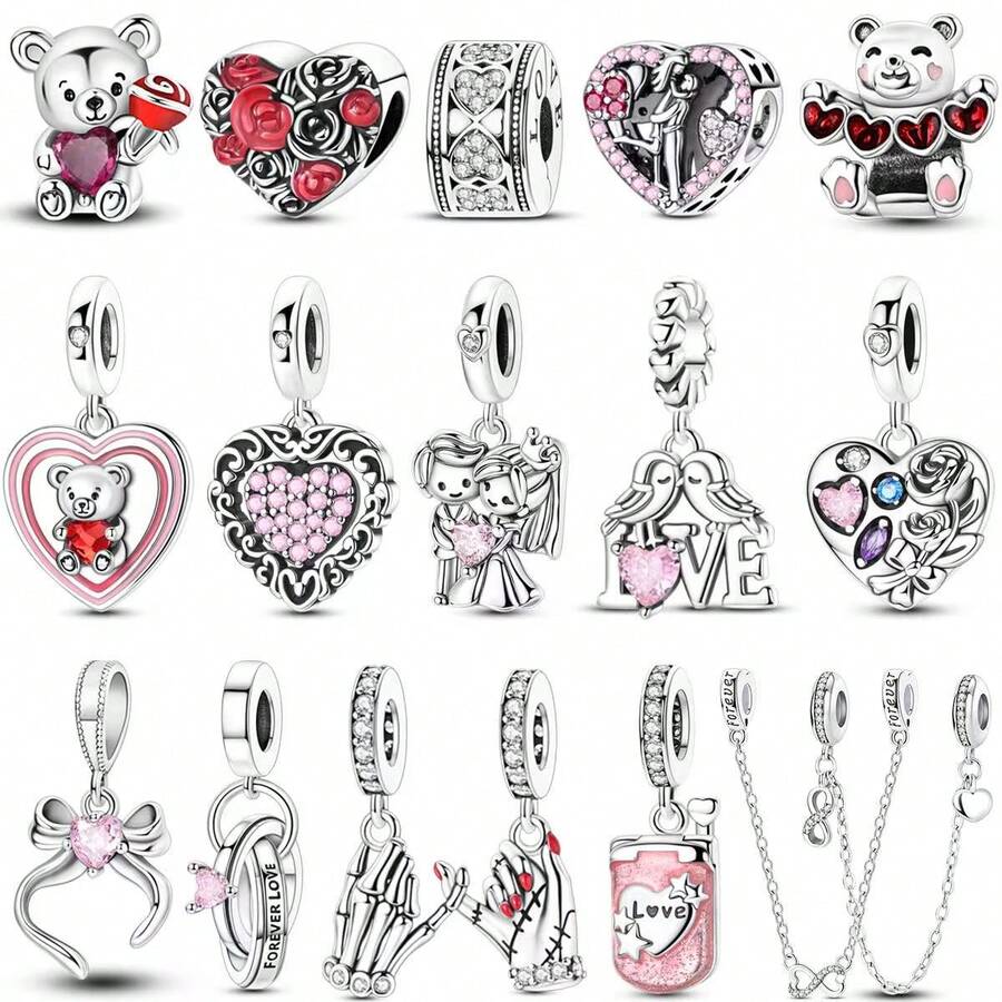 1 Mặt dây chuyền hình nơ, hoa hồng, sô cô la, gấu, trái tim màu bạc lấp lánh đính đá Cubic Zirconia, thích hợp cho bộ sưu tập trang sức ngày Valentine lãng mạn, phù hợp với vòng tay, dây chuyền, hạt trang sức tự làm cho nữ và bé gái, quà tặng ngày Valentine, kỷ niệm. - Bạc - Xem 1