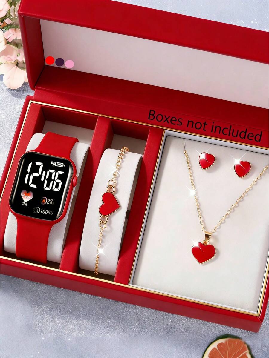 5/4pcs/Set Girls Fashion, Cute, Elegant LED Digital Display Electronic Watch Set, Suitable For Girls, Comes With Heart-Shaped Bracelet, Necklace, Earrings And Jewelry, Perfect For Daily Life, Vacation, Party, Travel, Back To School, Birthday/Holiday Decoration, An Ideal Gift For Girls On New Year And Valentine's Day - Multicolor - View 1