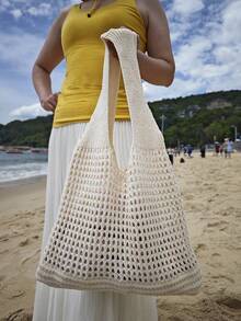 Back To School,Large Women's Handbags,Women Girls Knitted Shoulder Bags Retro Hollow Woven Large Capacity Floral Decor Shopper Handbags Crochet Bag Crochet Bags For Women Summer Beach Tote Bag - 米色 - 查看 9