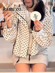 优雅长袖高领拉链波点外套，新年 - 白色 - 查看 2