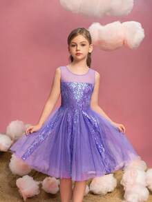 ALISA&LEO 女童无袖公主裙，全身缀满装饰，网纱裙摆，心形领口 - 花童礼服、生日派对礼服、选美礼服、节日庆典礼服 - 紫色 - 查看 3