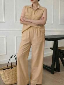 A&DD MODA, REF: AS1923 - Women's Set Consisting Of A Sleeveless Blouse And Pants. The Blouse Has A High V-Neck And Pockets; The Pants Have A Straight Cut, Elastic Waistband And Pockets, Ideal For Everyday Wear, With A Very Casual Style. - 米色 - 查看 4