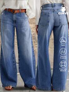 Women's Casual Denim Jeans (Waist Cinching And Hip Lifting - Small Size, Blue), Simple Style, Suitable For All Seasons, Loose Hem, Back Pocket Design, Suitable For Daily Wea - 藍色 - 查看 9