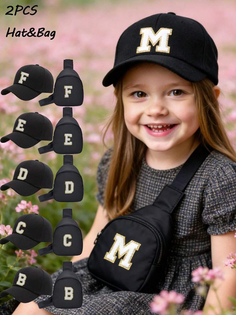 2PCs Children Baseball Hat With Mini Bag Boys Girls Camping Hat Anti-UV Strap Kids Bucket Hat Headwear For 3-8 Years Old Baby - Black - View 1