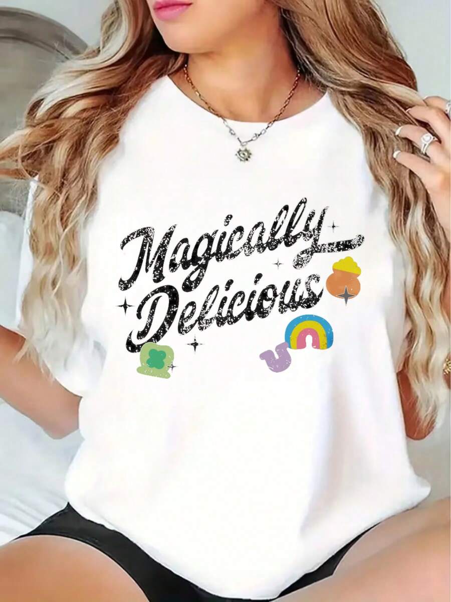 Magically Delicious Graphic T Shirt Women Casual Short Sleeve Top With Rainbow And Clover Print Summer Fashion  Loose Fit Tee220g - 黑色 - 查看 1