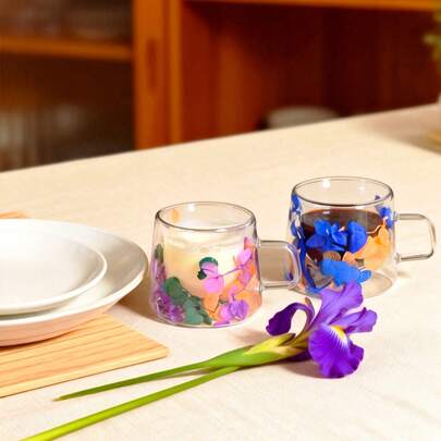 1/6 יחידות כוס קפה 80 מ"ל עם ידית, כוס זכוכית פרחונית, כוס אספרסו יצירתית, מתאימה לקפה, תה, חלב, קפוצ'ינו, מתנה ייחודית ליום הולדת או ליום האהבה לאישה, חברה, משפחה
