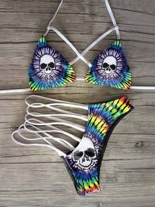 Sexy Cross-Strap Rainbow Tie-Dye Skull Triangle Bikini Set - 彩色 - 查看 1