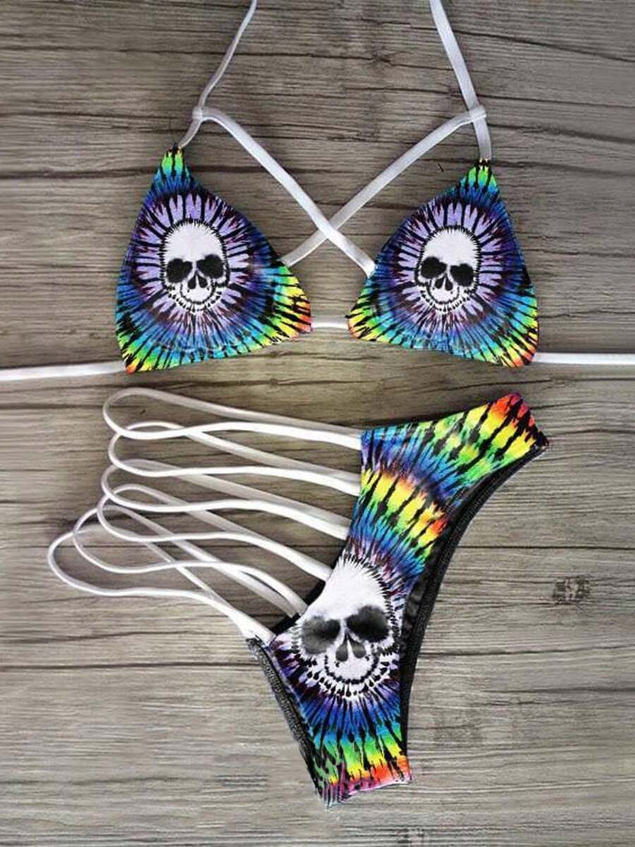 Sexy Cross-Strap Rainbow Tie-Dye Skull Triangle Bikini Set - 彩色 - 查看 1