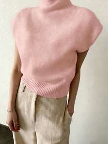 Plus Size Versatile Minimalist Spring/Summer New Casual Fashion Pink High Neck Sleeveless Sweater, Fashionable And Versatile, Suitable For Brunch Outfit - Pink - View 6