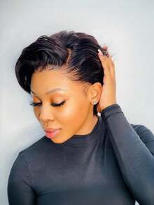 13*4*1 T-Part Lace Front Short Human Hair Wig, Glueless Wig, Suitable For Daily Wear, Valentine's Day, Women Short Wig, Hair Wig, Side Bangs Short Wig - Black - View 2