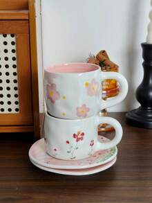 1pc Hand-Painted Floral Pink Ceramic Coffee Cup & Saucer Set, Elegant Sakura Sunset Pattern Coffee Cup & Saucer - Multicolor - View 8