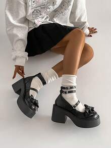 1 par de zapatos con plataforma, decoración de lazo y hebilla de cuero sintético, estilo JK, adecuados para todas las estaciones - Negro - Ver 10