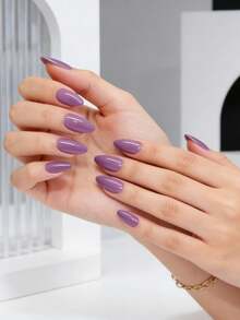 30 Stück kurze mandelförmige tragbare Nägel, minimalistische einfarbige Aufklebe-Nägel, inklusive Gelee-Gel und Nagelfeile, geeignet für Frauen für den täglichen Gebrauch, Partys, Urlaub Nagelbedarf - Violett - Übersicht 2