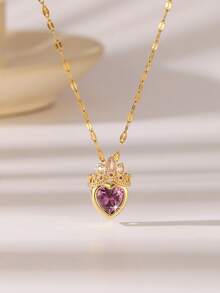 Collar con colgante de corona lujosa y corazón de rhinestone rosa, cadena de clavícula versátil y de moda para mujeres - Amor de la corona - Ver 8