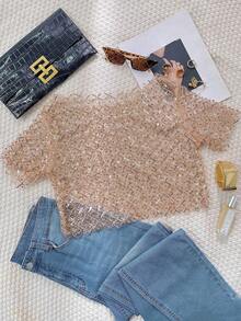 Sedessea Shiny Sequin Pearl Beaded Mesh Sheer Crop Top, Suitable For Braless Parties And Music Festivals - Gold - View 7