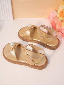 1双儿童金色金属珍珠装饰凉鞋 - 可调节踝带，柔软平底，甜美日常/户外玩耍鞋，适合小女孩 - 玫瑰金 - 查看 8