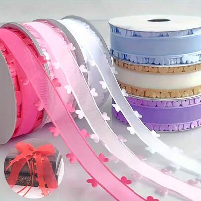 1 Roll 20 Yards High Quality Valentine's Day Heart Sheer Ribbon, Multi-Color | Made Of Polyester, Ideal For Crafting Bows, Hair Accessories, Floral Arrangements And Gift Packaging, DIY Sewing Supplies, Crafts, Gift Wrapping, Bouquet Decor - Perfect For Valentine's Day, Mother's Day, Anniversary, Wedding Decorations, Romantic Valentine's Day Decor, Gift Wrapping Supplies, Gift Wrapping Ribbon