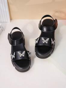 1 Pair Kids Black Rhinestone Butterfly Platform Sandals - Open Toe, Ankle Strap, Non-Slip Chunky Sole, Cool Casual Summer Party/Daily Shoes - Black - View 1