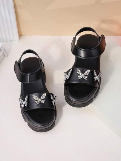 1 Pair Kids Black Rhinestone Butterfly Platform Sandals - Open Toe, Ankle Strap, Non-Slip Chunky Sole, Cool Casual Summer Party/Daily Shoes