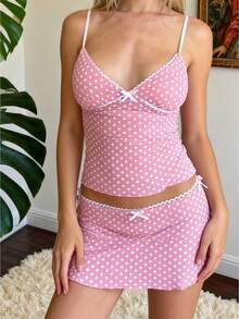 Women Y2k 2 Pcs Outfits Cute Dots Print Lace Patchwork Bow Decor Sets Deep V Neck Sleeveless Backless Spaghetti Strap Tank Tops With Low Waist Mini Skirts Summer Stylish Slim Fit Suits For Party Club Beach Vacation Clothes Streetwear Aesthetic Clothes - 粉色 - 查看 1
