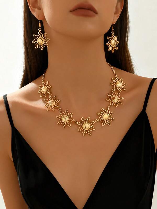 一套波西米亚风向日葵项链耳环套装，镂空花朵吊坠项链和耳环，适合日常、旅行、派对、节日等场合佩戴。