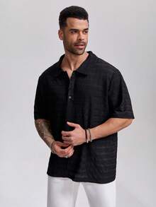 1pc Men's Black Striped Textured Polo Shirt, Collared Short Sleeve Button-Up Casual Versatile Top, Elegant For Holiday Parties, Suitable Gift For Father, Boyfriend, Dad, Friends - Black - View 10