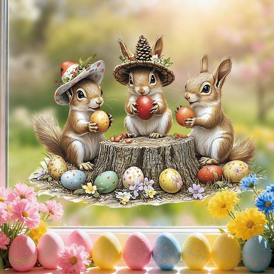 1/3件装森林动物贴纸，兔子拿着胡萝卜，松鼠站在树桩上，自粘式可撕贴贴纸，适用于厨房走廊节日氛围派对用品 - 彩色 - 查看 1