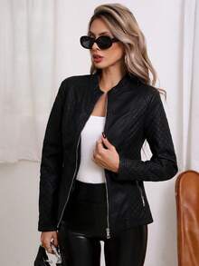 Women's Faux Leather Jacket, Casual Short PU Biker Jacket Black - Black - View 4