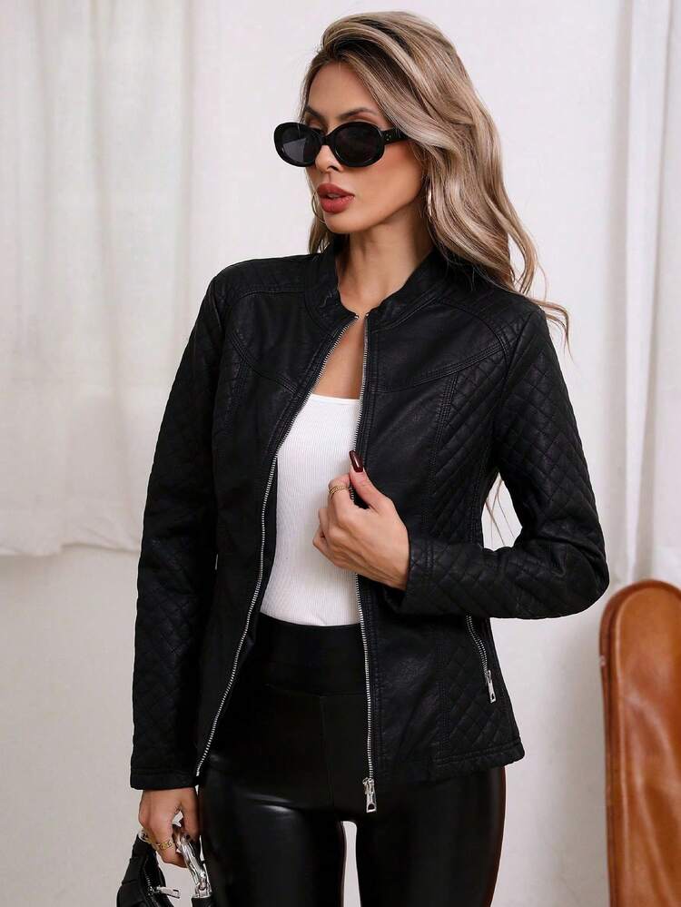 Damesjack, casual kort bikerjack PU, zwart - Zwart - Bekijken 4
