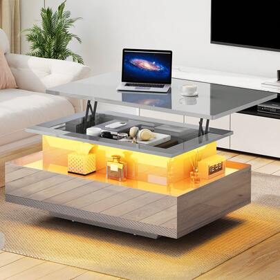 Lift Top Coffee Table, High Glossy With LED Strip, Modern Wooden Rectangle Tea Table With 2 Drawers -By GeoTower