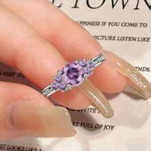 Elegant Silver Ring, Purple Round Diamond Inlaid Ring, Wedding Ring, Women's Ring, Women's Solitaire Ring, Suitable For Couples, Valentine's Day And Daily Wear Or Gift - Elegant Diamond Ring - View 6
