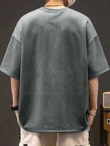 男士字母印花落肩宽松休闲短袖T恤 - 灰色 - 查看 2