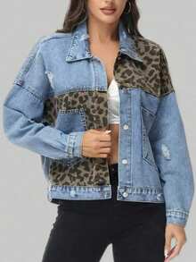 Women's Long Sleeve Denim Jacket, Leopard Print Patchwork Casual Spring - Light Blue - View 3