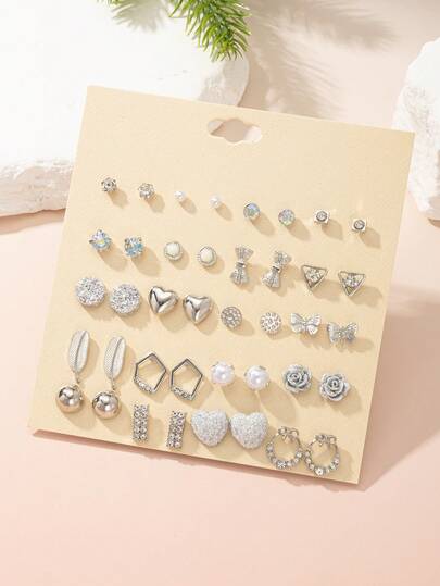 20pcs/Set Delicate Cute Bow, Heart, Flower Stud Earrings Set For Women, Versatile For Daily, Casual, Date Wear, Holiday Gift