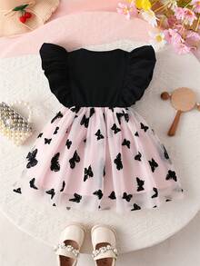 Baby Girls' Casual Dress, Simple Ribbed Splice Butterfly Mesh Patchwork Dress, Cute - Black - View 2
