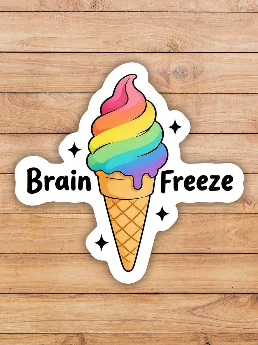 1pc Funny Vinyl Sticker - "Ice Cream Freezes Your Brain" - Applicable For Car, Laptop, Water Bottle Etc. - Black Text On White Background - Easy To Apply And Peel Off - Car Decal, School Supplies, Back To School - Multicolor - View 1