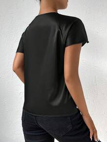 Women's Summer Solid Color Satin Asymmetric Neck Twist Shoulder Blouse - Black - View 2