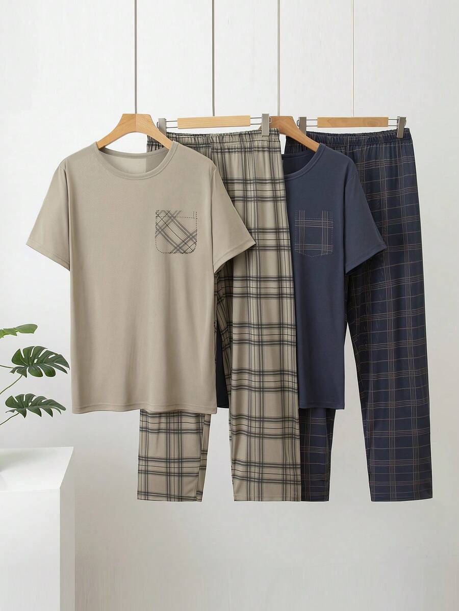 4件組男士輕量睡衣套裝,短袖上衣與長褲,男士薄款休閒格紋居家服套裝,適合夏季全天舒適穿著 - 彩色 - 查看 1