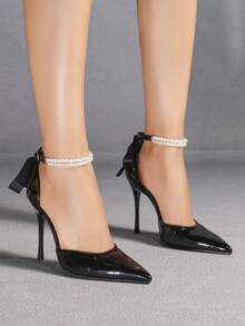 Escarpins à bout pointu noirs pour femmes avec décoration de fausses perles, style élégant et féminin, confortables et polyvalents pour les déplacements quotidiens et les tenues décontractées, design minimaliste avec talons fins et creux, talons aiguilles - Noir - Voir 2