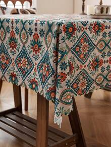 1pc Bohemian Style Line & Diamond Print Edged Tablecloth, Decorative Cover For Dining Table, TV Stand, Holiday Decor