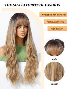 Tóc giả dài 26 inch kiểu ombre xoăn có mái, được làm từ sợi tổng hợp chịu nhiệt cao, kèm mũ lưới hoa hồng, vẻ ngoài tự nhiên, thoải mái và thoáng khí khi đội, nhẹ, phù hợp cho các lễ hội âm nhạc và sử dụng hàng ngày. - Ombre - Xem 3