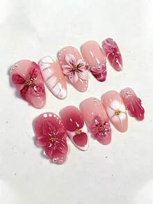 10 chiếc móng giả ngắn kiểu Pháp màu hồng ngọt ngào hình hoa hạnh nhân 3D phong cách Y2K, họa tiết da báo, vằn hổ, thích hợp sử dụng hàng ngày, hẹn hò, tiệc trà chiều, dã ngoại. - Nhiều màu - Xem 1