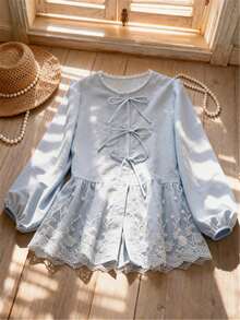 女士优雅通勤可爱甜美蝴蝶结圆领七分袖高腰上衣，刺绣蕾丝拼接衬衫，春夏款 - 淺藍色 - 查看 1